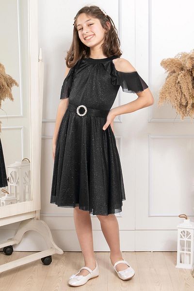 SUBU TASARIM Black Glitter Tulle Children's Evening Dress - MDV310