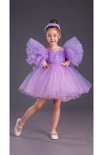 Little Pumpkin Puffy Sleeves Crowned Girl's Evening Dress with Tutu Skirt