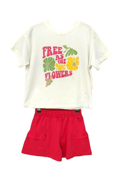 CİCHLİD Floral Printed Crew Neck T-Shirt and Shorts Set for Girl