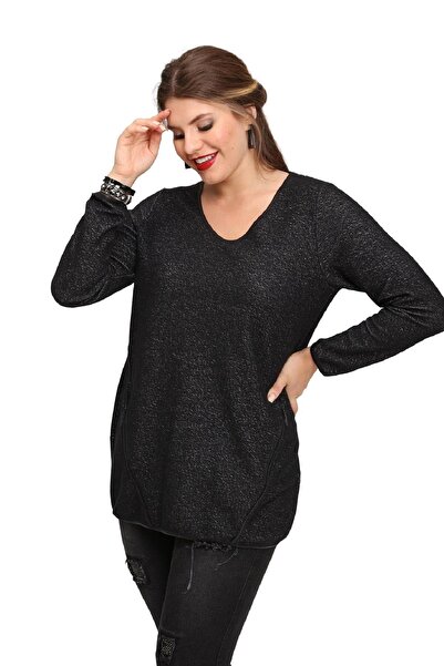 FİERTE Fierte Kadın Büyük Beden Bluz Lm43210 V Yaka Gizli Fermuar Cep Uzun Kol Siyah