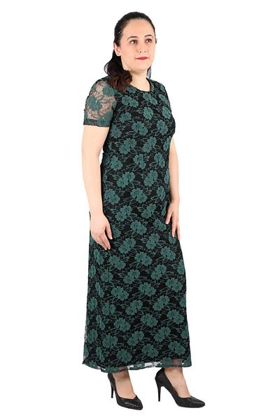 Günay Fierte Plus Size Green Lace Dress - Round Neck, Short Sleeve Lining