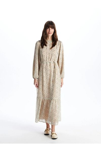 LC Waikiki LCWAIKIKI Classic Ruffled Stand Collar Floral Long Sleeve Women's Chiffon Dress