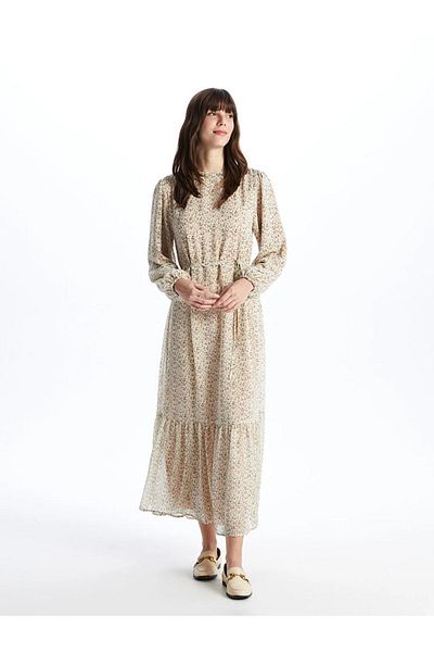 LC Waikiki LCWAIKIKI Classic Ruffled Stand Collar Floral Long Sleeve Women's Chiffon Dress