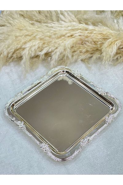 ZÜCACE DEKOR 22CM Square Silver Tray - Groom Brown Colored Bordered Tray