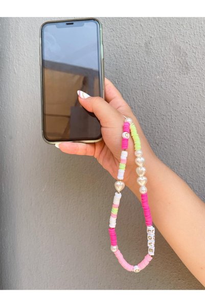LOVELYCOLLECTİON Love Yazılı Renkli Boncuklu Telefon Askısı İnci Detaylı Tele...