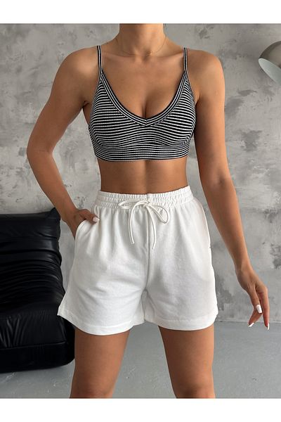 Look Forward Women's Ecru Elastic Waist Short with Pockets and Drawstring