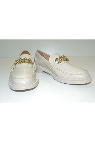 byzek KADIN ZİNCİR DETAYLI İŞ, OFİS, GÜNLÜK OVAL BURUNLU ORTOPEDİK LOAFER KREM RENK BABET AYAKKABI