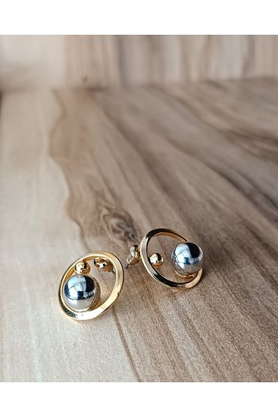 DNA Takı Geometric Oval Inside Silver Globe - Stainless Steel Earrings