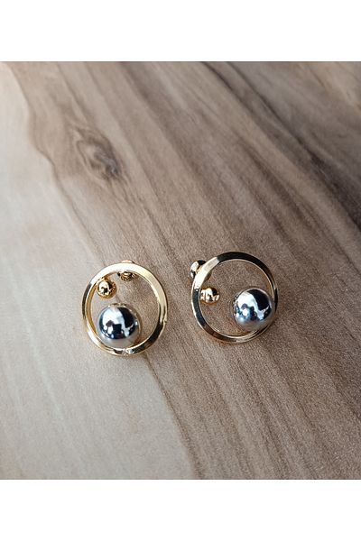 DNA Takı Geometric Oval Inside Silver Globe - Stainless Steel Earrings