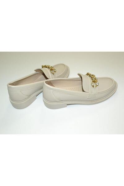 byzek KADIN ZİNCİR DETAYLI İŞ, OFİS, GÜNLÜK OVAL BURUNLU ORTOPEDİK LOAFER KREM RENK BABET AYAKKABI