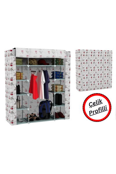 HOLTECH Çift Yandan Raflı Çelik Profilli Bez Dolap Süper Dayanıklı Gardırop Kıyafet Saklama Dolabı