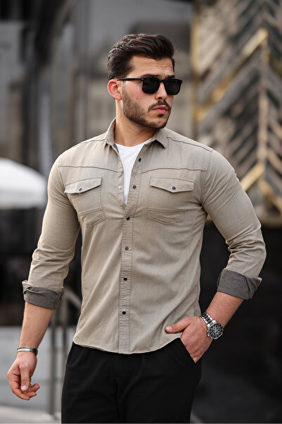 MODAFE Kot Gömlek Çift Cep Slim Fit Çit Çit Kaplamalı