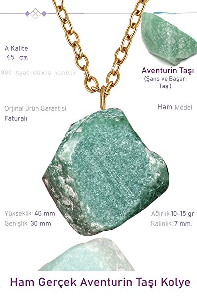 Tesbih Atölyesi Sertifikalı Ham İşlenmemiş Aventurin Taşı Kolye - 24k Altın K...