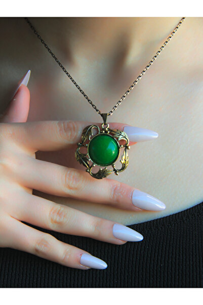esha Doğal Taş Yeşil Akik Doğal Taşlı Otantik Kadın Yuvarlak Kolye 45 Cm Zinc...