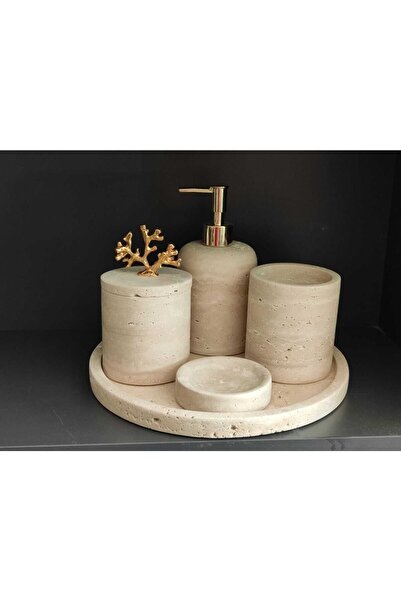 Polen Stone طقم حمام من حجر الترافرتين الطبيعي مكون من 5 قطع مع إكسسوارات مرج...