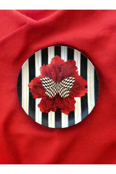 unique florya Kırmızı Çiçekli Kelebekli Çizgili Retro Dekoratif Duvar Tabağı Duvar Süsü 26cm