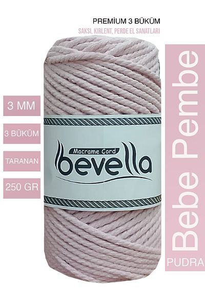 Bevella Macrame Cord Premium 3 τεμαχίων στριφτό βαμβακερό μακραμέ Baby Pink - 3 mm, 250 gr