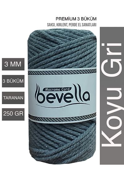 Bevella Macrame Cord Dark Gray Premium 3 Twist Twisted Cotton Macrame Thread - 3 mm 250 Gr