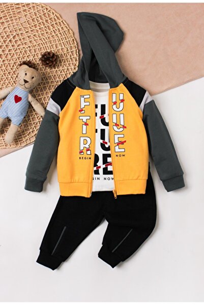 Kidex’s Baby Future Baskılı Kapüşonlu Pamuk Bebek Takım 3’lü Takım hırka Swea...