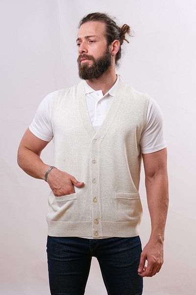 Çukurova Woolen Men's Knitwear Vest - Stone - Bone