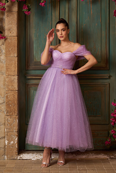 Lenta Moda Lila Simli Drapeli Midi Boy Kemer Detaylı Transparan Abiye ve Gece Elbisesi