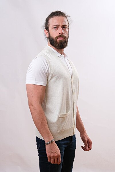 Çukurova Woolen Men's Knitwear Vest - Stone - Bone