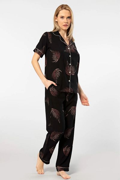 TÜREN Patterned Shirt Collar Short Sleeve Pajama Set - 100% Viscose