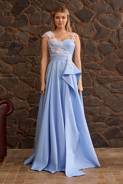 Lenta Moda Ice Blue Maxi Length Satin Evening Dress - Three Dimensional Lace Detailed Evening Gown