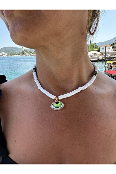 byebruketenci قلادة فيمو بيضاء وعين خضراء مفصلة