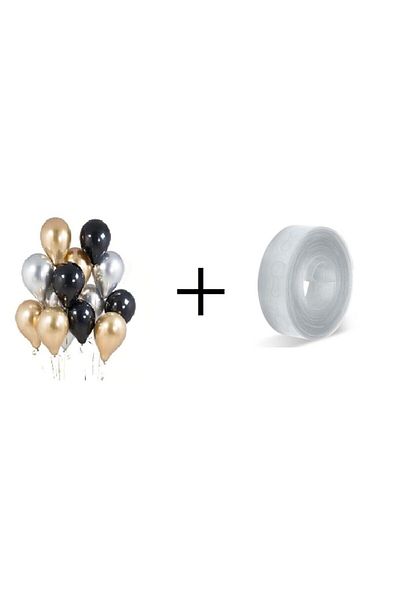 DÜVENCİ TİCARET Black Gold Silver Metallic Balloon Balloon Ribbon
