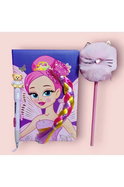 sevgi kırtasiye Princess Memory Book 3D Hair Memory Book with Pompom Cat Pencil and Teddy Bear Tip Pen Gift