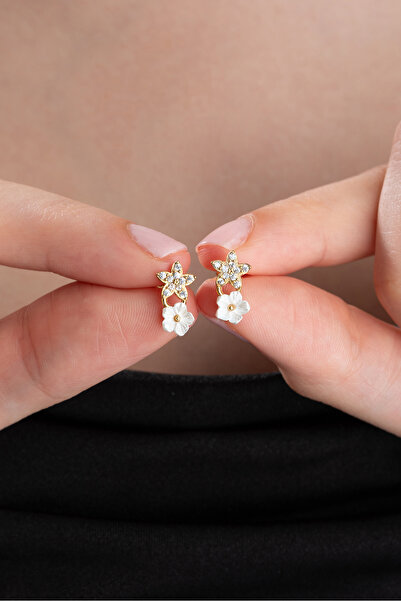 Nereze 925 Ayar Gümüş Gold Kaplama Minik Manolya Çiçeği Yıldız Küpe