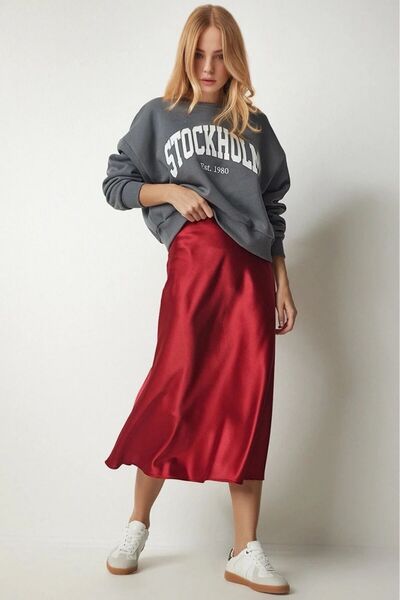 hazelin Women's Burgundy Satin Finished Midi Length Skirt with Elastic Waist Hzl23s-bd1101471
