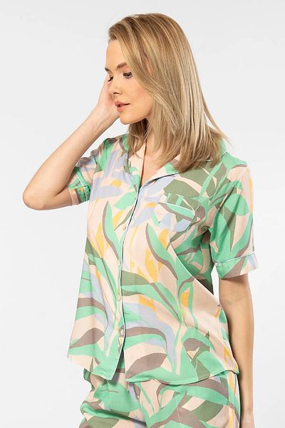 TÜREN Patterned Shirt Collar Short Sleeve Pajama Set - 100% Viscose