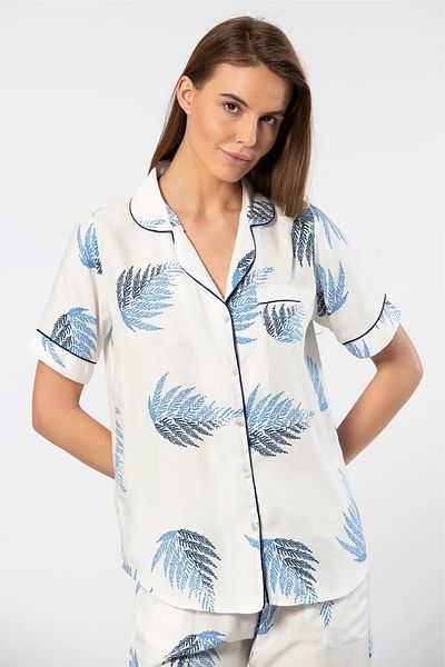 TÜREN Patterned Shirt Collar Short Sleeve Pajama Set - 100% Viscose