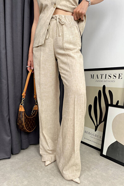 Sue Store Premium λινό μπεζ παντελόνι - με κουμπιά