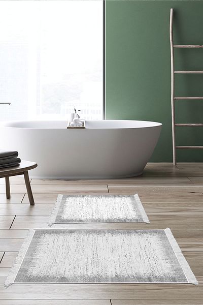 Dekoreko Digital 2-Piece Bath Mat Set Star Leather Non-Slip Base Fringed Modern Evelina Gray