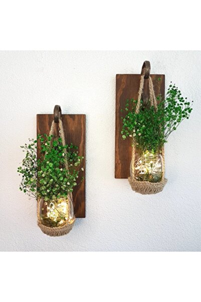 STDEKOR Yeşil Cipso Çiçekli, Led Işıklı Ceviz Duvar Dekor Ikili Set