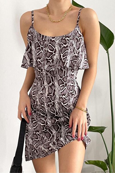 RURIS فستان صيفي قصير من الفيسكوز بطبعة جلد الفهد باللون الأبيض - مزين بأشرطة...