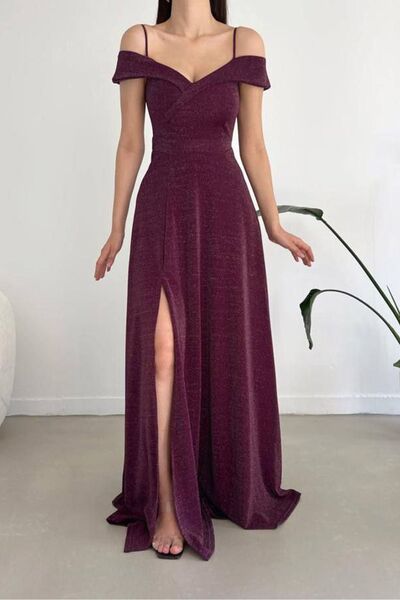 RURIS Kadın Mor Simli Krep Düşük Omuz Detaylı Askılı Maxi Boy Kloş Abiye Nişa...