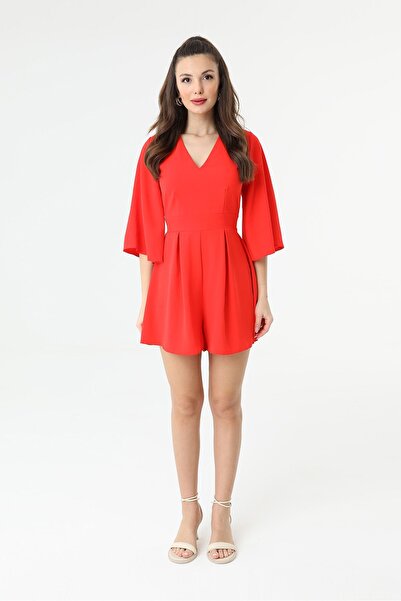 RURIS Women's Red Waisted Belt Tie-Detailed V-Neck Short Shorts Jumpsuit