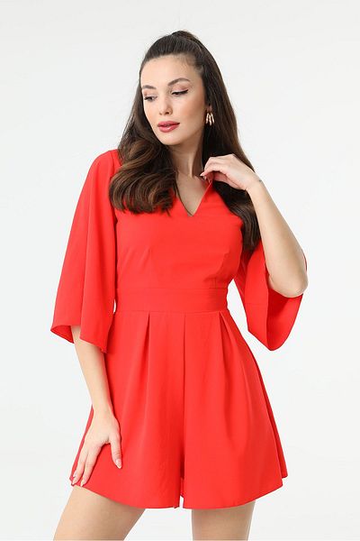 RURIS Women's Red Waisted Belt Tie-Detailed V-Neck Short Shorts Jumpsuit