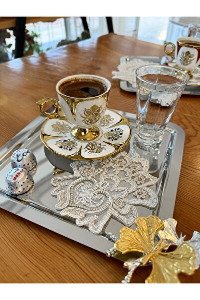 Konyaaltı Çeyizevi İnci Kahve Kokteyl Sunum Peçetesi Dantelli 6'lı Set Dekoratif Güpür