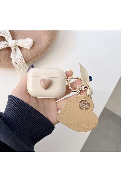 KVK PRİVACY Airpods Pro 2nd generation compatible Brown Heart and Brown Heart Clip Headphone Case