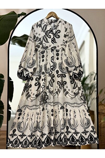 SULTAN BUTİK Yarım Düğmeli Uzun Viskon Kumaş Desenli Kloş Elbise