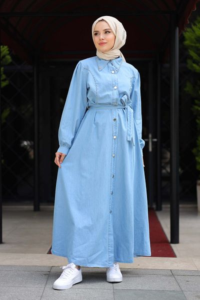 Pamuk Butik Γυναικείο τζιν φόρεμα με μαργαριτάρι λεπτομέρεια στο γιακά