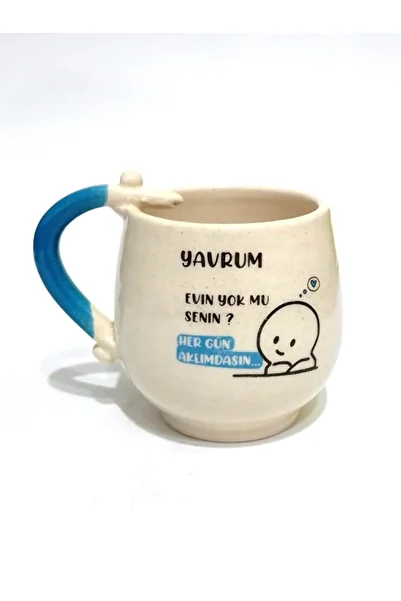 Benika Home Handmade White Background Blue Ceramic Mug with Handle'Does My Baby Have No House You Are in My Mind Every Day'