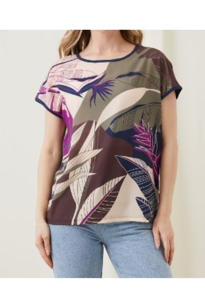 ZY BUTİK Crew Neck Navy Blue Patterned Low Sleeve Blouse