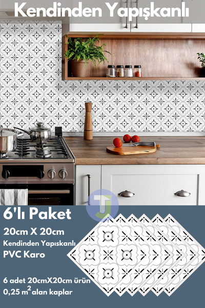 Technojet Kendinden Yapışkanlı Karo PVC Mutfak Banyo Tezgah Kaplama Sticker 6Adet 20cm×20cm