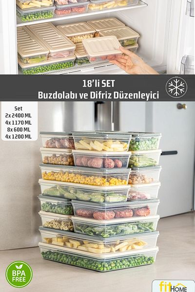 FİTHOME Set of 18 Colorful Lid Refrigerator and Freezer Organizer Storage Container 2X2400-4X1200-4X1170-8X600 ml